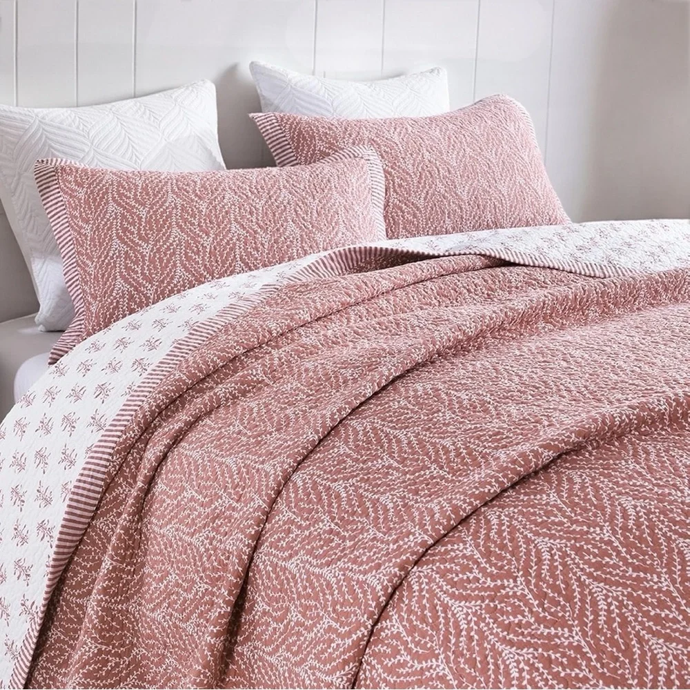 NEW West Elm Blush Botanical Pattern Cotton Queen King Bedding Quilt & Sham Set